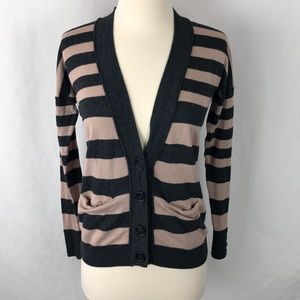 Loft pink and gray striped button down cardigan with pockets